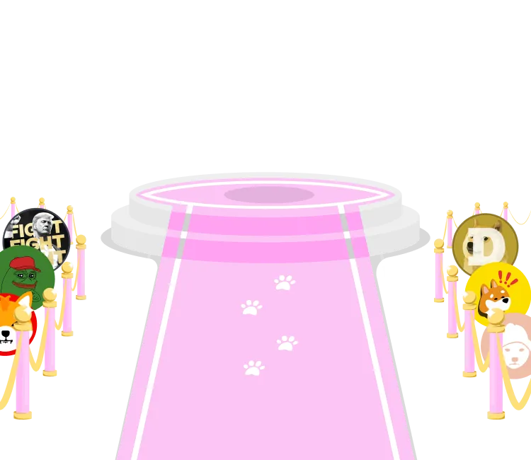 Trollercat sitting on a podium at the end of a carpet with other meme coins behind railings to the side