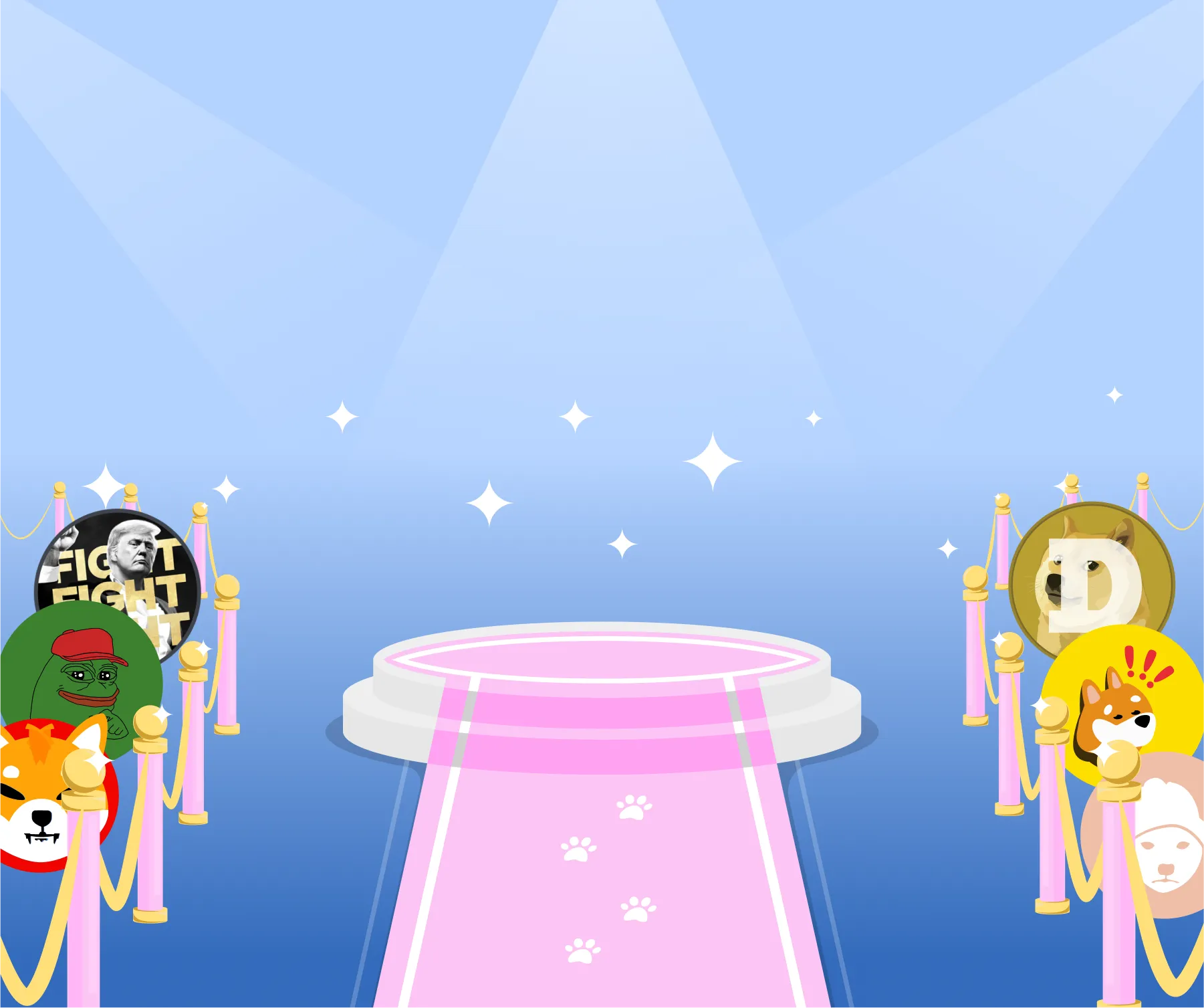 Trollercat sitting on a podium at the end of a carpet with other meme coins behind railings to the side